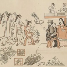 Image from a codex showing Hernán Cortés and Malintzin meeting Moctezuma