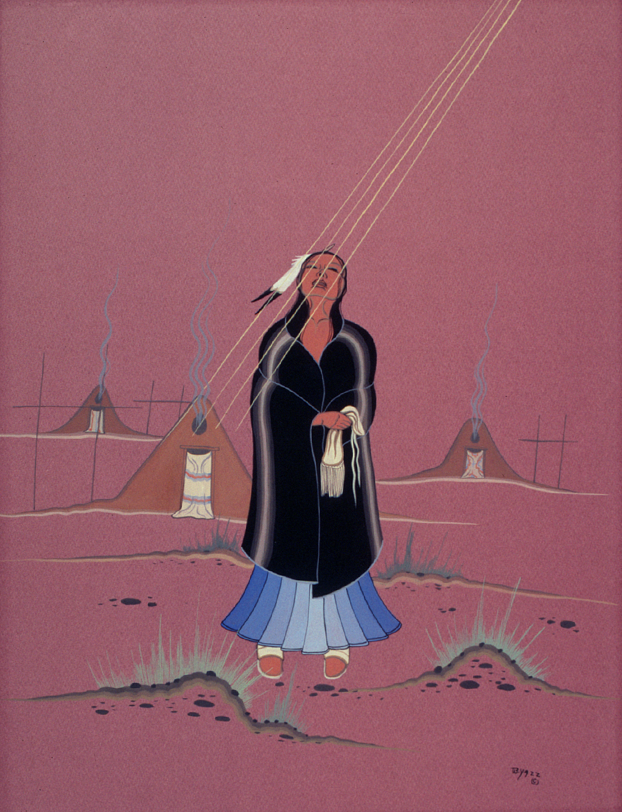 Native American art showing a woman praying outside.