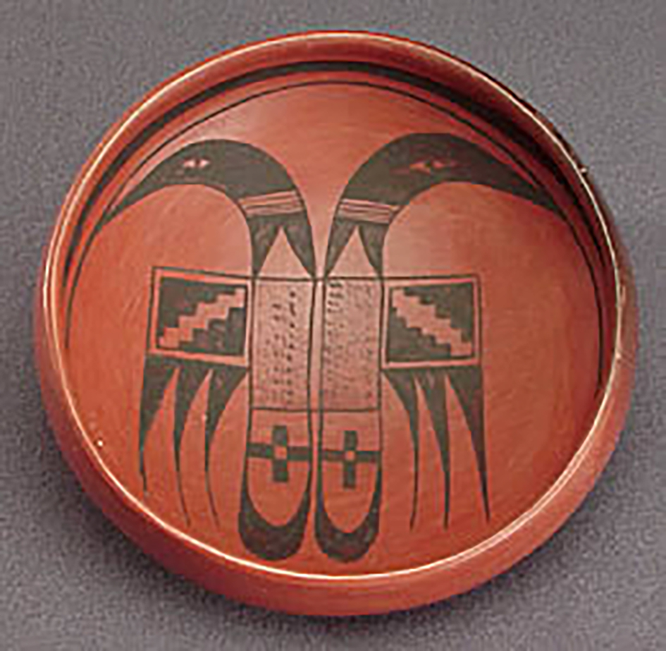 Oblique view, black-on-red shallow bowl, collected 1926. ASM gp899x9.