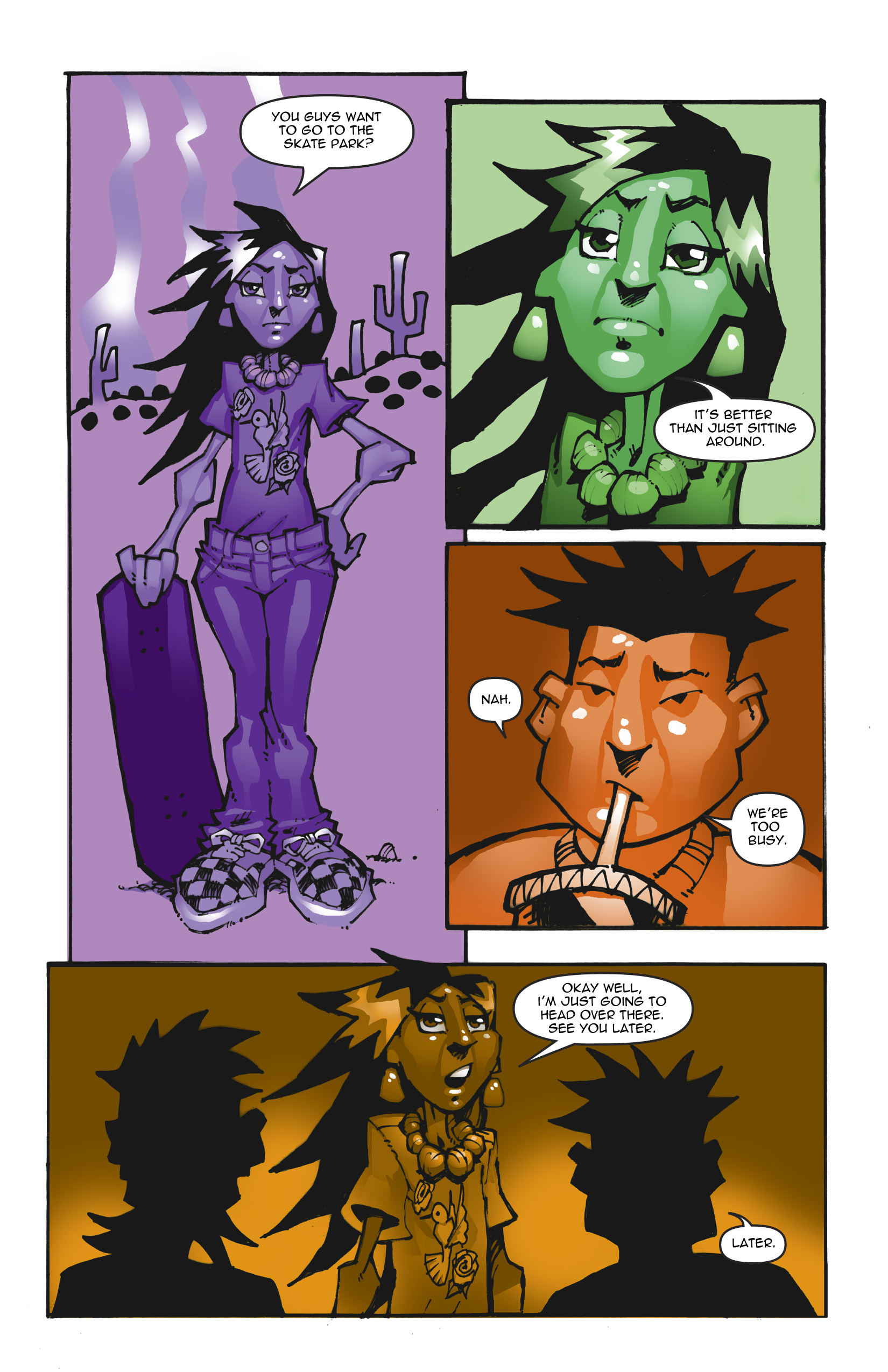 Page 6. Samantha asks the boys to come with her to the skate park, but they don't want to. They say they are too busy.