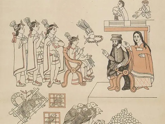 Image from a codex showing Hernán Cortés and Malintzin meeting Moctezuma