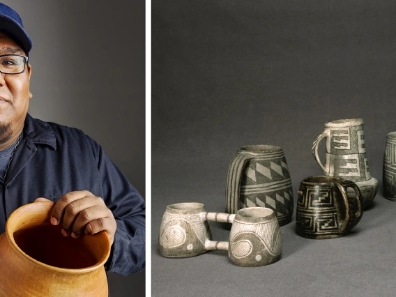 On the left is a photo of man wearing a blue ball cap holding a red clay pot. On the right is an array of 7 ancient black-on-white ceramics in the shape of modern-day mugs.