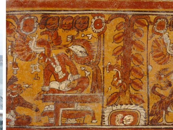 A montage showing Drs. Inomata and Triadan smiling at the camera while standing in front of a body of water, a Maya hieroglyph depicting cacao beans, and an assortment of actual cacao beans.