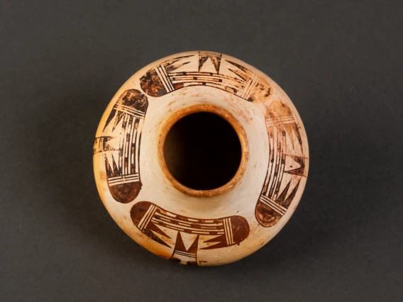 top view of 2018-6-210, small polychrome jar with bird-wing design