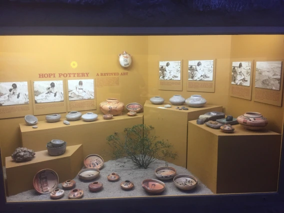 a view of a museum exhibit showcasing a large number of pots by Nampeyo