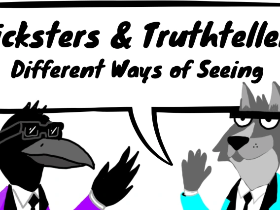 comic-book style illustrations of a raven and a coyote having a conversation