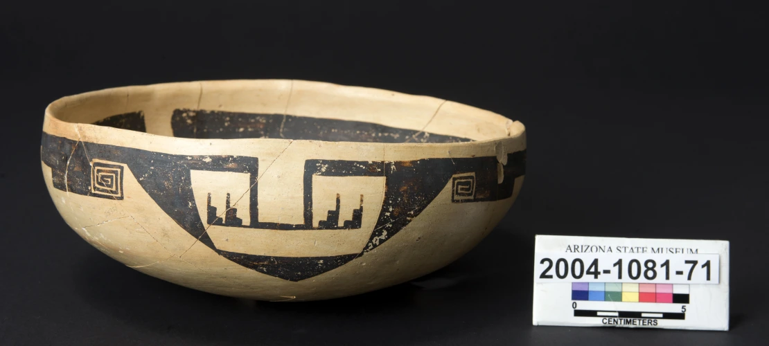 This is one of five purposely broken bowls found in the fill of a room at the ancestral Hopi pueblo called Homol'ovi I