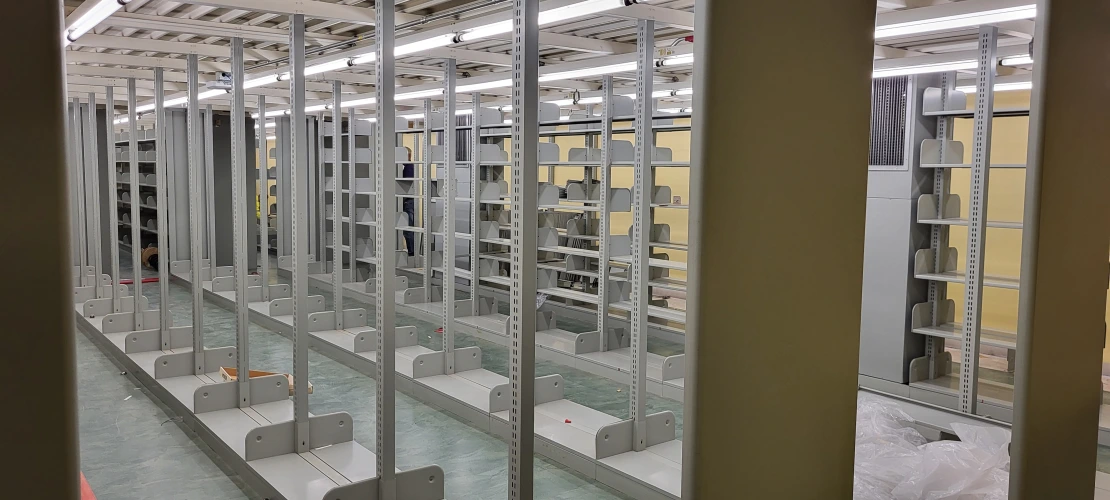 a view into room 328 with static metal shelving