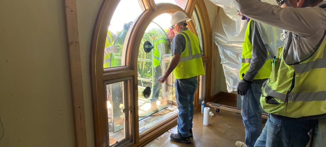 contractors replacing window glass in ASM's Laboratory of Zooarchaeology