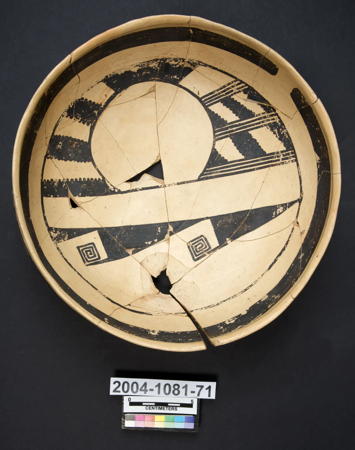 This is one of five purposely broken bowls found in the fill of a room at the ancestral Hopi pueblo called Homol'ovi I