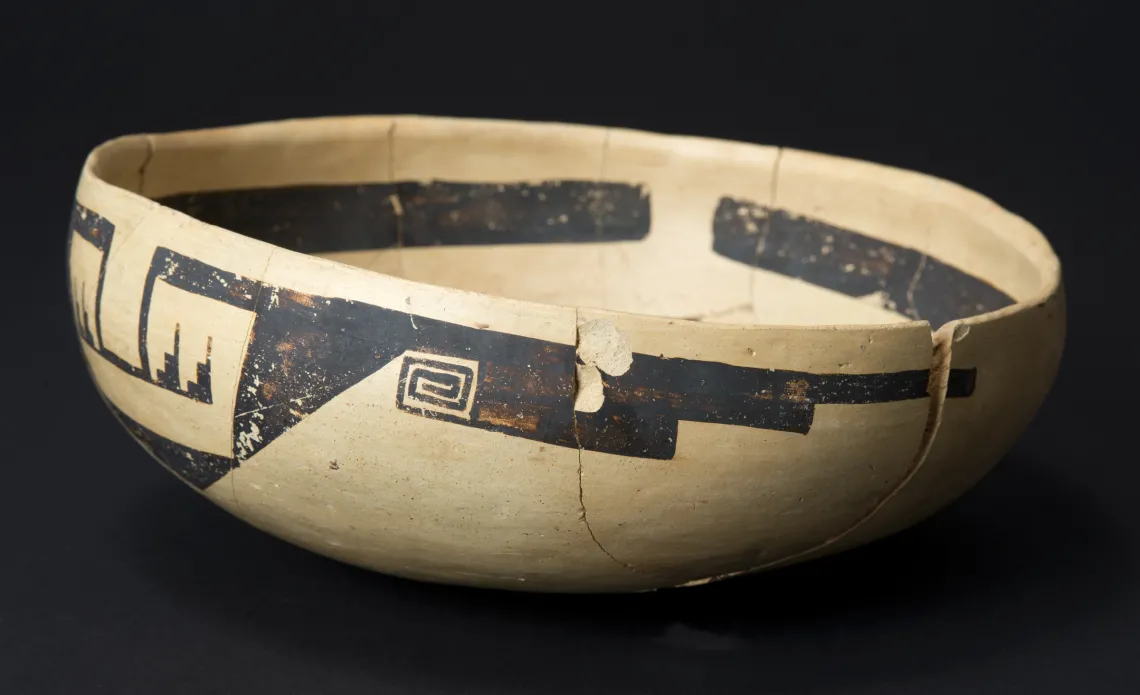 This is one of five purposely broken bowls found in the fill of a room at the ancestral Hopi pueblo called Homol'ovi I