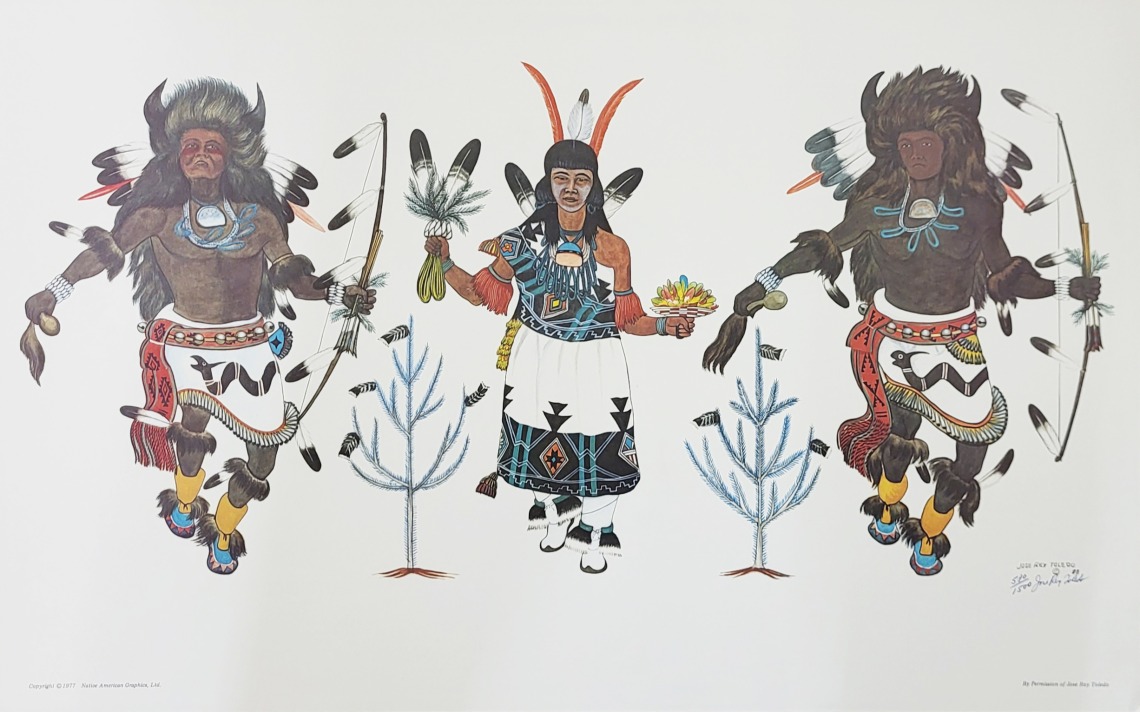 Watercolor print depicting two Buffalo Dancers flanking Buffalo Woman in the center. The background is white.