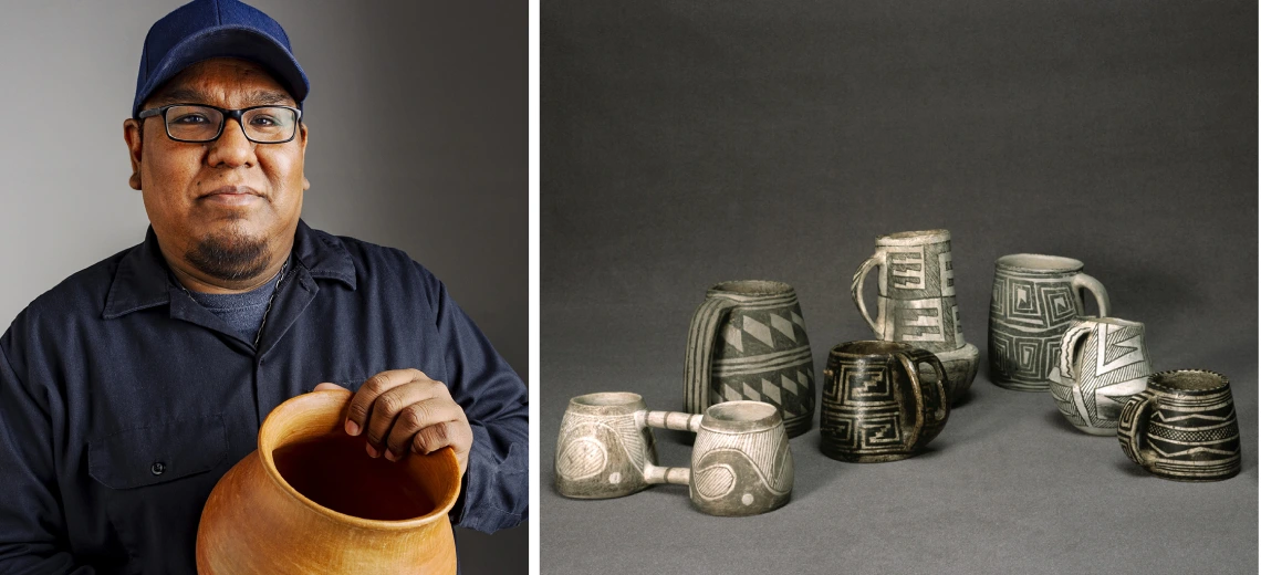 On the left is a photo of man wearing a blue ball cap holding a red clay pot. On the right is an array of 7 ancient black-on-white ceramics in the shape of modern-day mugs.