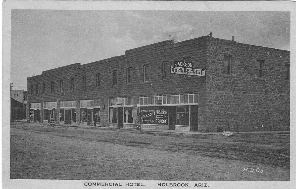 A view of the exterior of the Commercial Hotel in Holbrook, Arizona, in 1950.