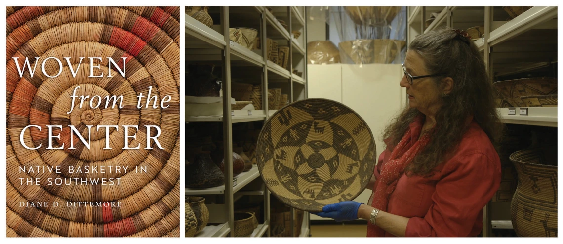A montage of two images. Left is the book cover of "Woven from the Center." Right is a woman holding and looking at a basket.