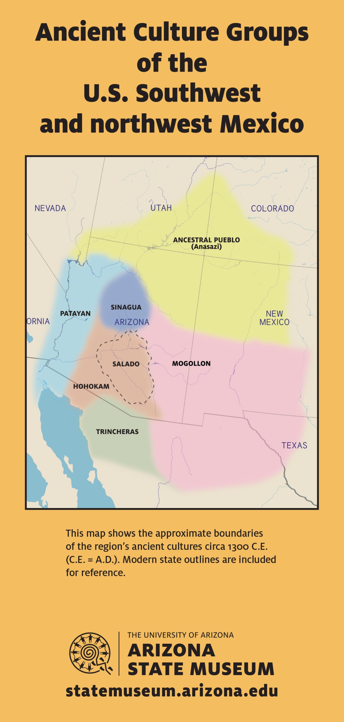 This map shows the approximate boundaries  of the region’s ancient cultures circa 1300 C.E. (C.E. = A.D.).