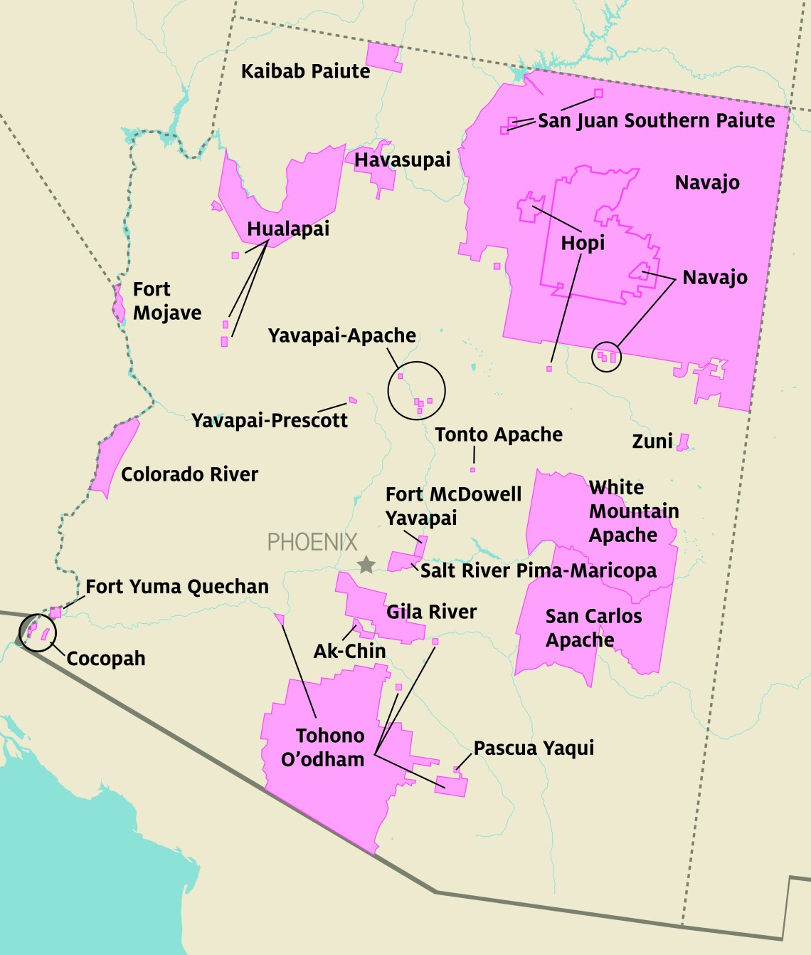 this photo is a map of Arizona showing the locations of tribal communities