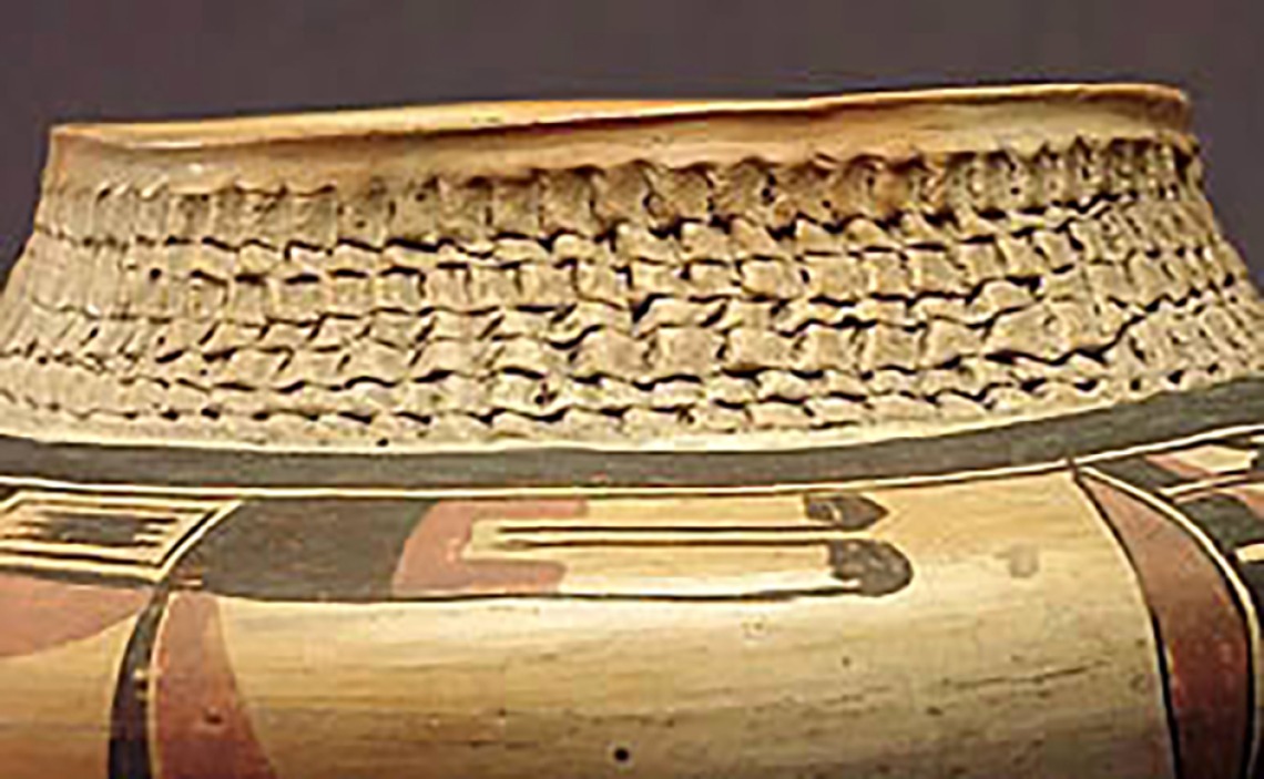 Detail, polychrome jar with corrugated neck, around 1920. ASM E-2273.