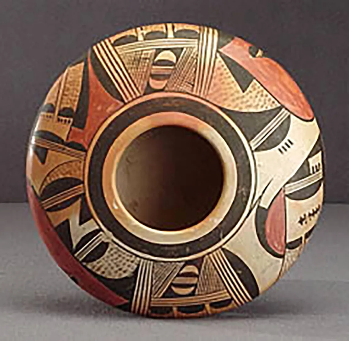 Top view, low polychrome jar, collected 1934. ASM E-719.