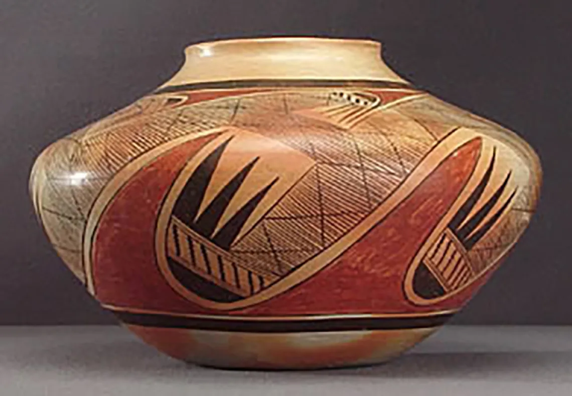 Side view, polychrome jar with migration design, around 1930. GP52534.