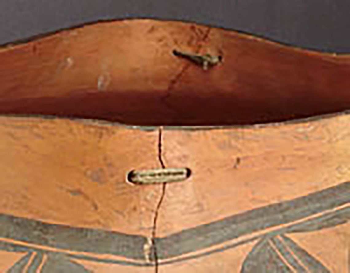 Detail, large square top polychrome olla, around 1920-30. GP52543.