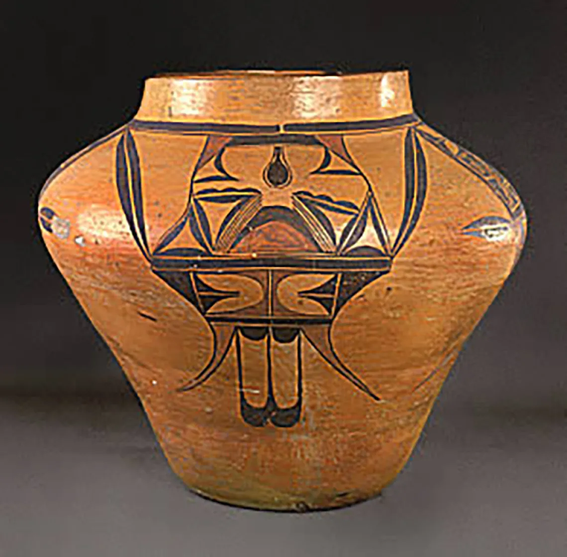 Side view, large polychrome olla, around 1920-1930. GP6215.