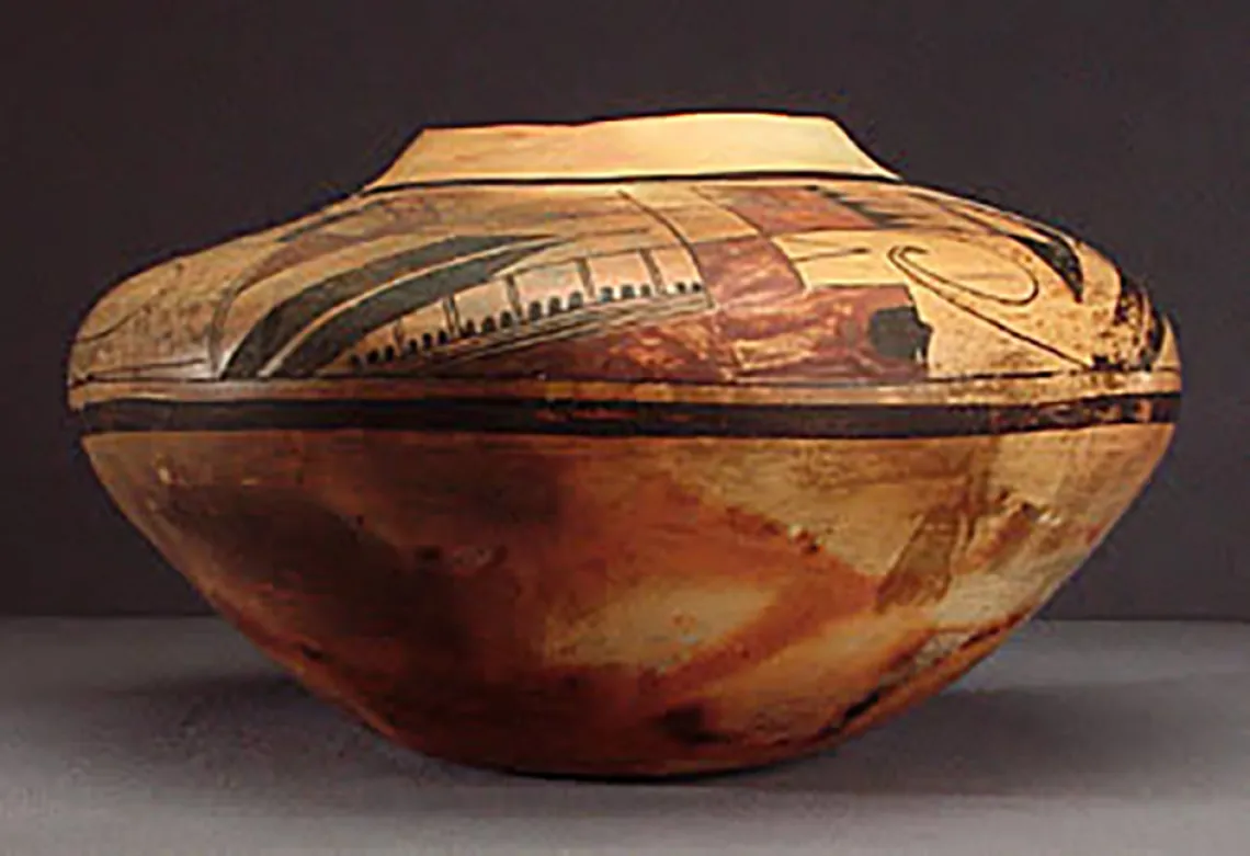 Side view, large polychrome olla, around 1920. ASM GP6216.