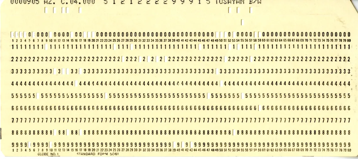 Keypunch Cards Ca. 1980  Enlarge Width: 7.4 in. (18.7 cm.), Height: 3.2 in. (8.2 cm.) ASM Archaeological Repository Collection Punched card technology was used to track and store data as far back as 1801, when J. M. Jacquard demonstrated the use of connected punched slats to “program” a design to be woven on a loom. Herman Hollerith advanced the technology using punched cards for the U.S. Census of 1890. Hollerith’s company later became IBM. Punched cards were easily adapted to archaeological data collectio