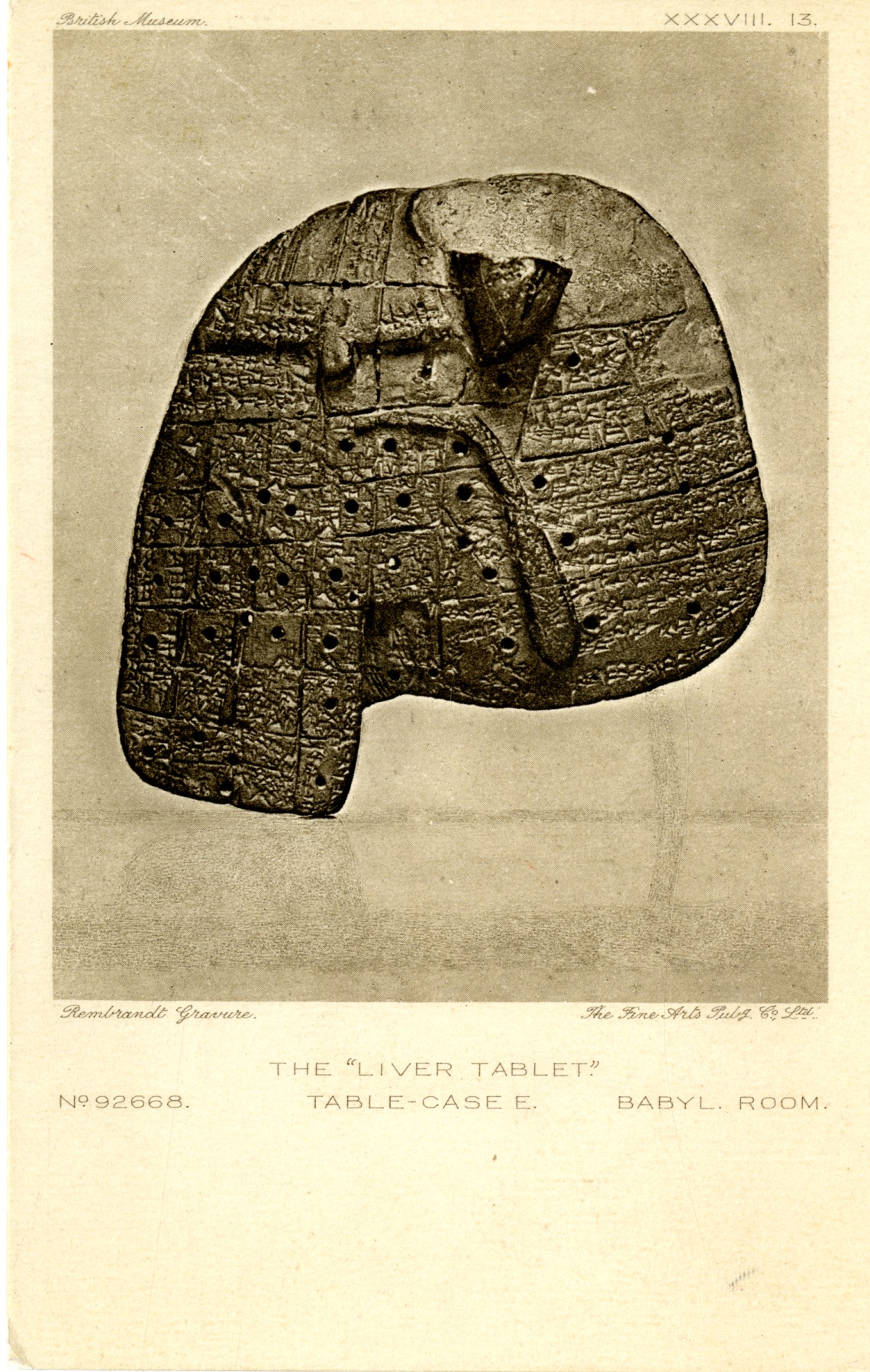 Postcard: Clay Model of Sheep's Liver. This tourist postcard shows a clay model of a sheep’s liver in the British Museum. The liver tablet was used by priests in southern Iraq ca. 1900–1600 BCE to interpret the natural blemishes (ciphers) on the liver of a freshly-butchered sheep. The cuneiform writing on the clay tablet guided the divination ceremony, but today the writing is another layer of cipher to all who cannot translate cuneiform.