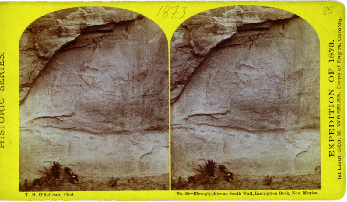 Stereograph “Hieroglyphics on South Wall, Inscription Rock, New Mexico.” Photographer: Timothy O’Sullivan, 1873. To the people of the Southwest who painted or carved designs onto rock surfaces, their meaning and intent were clear. But pictographs become ciphers, simply designs on rocks, to those of us who cannot interpret the message. Anglo explorers and surveyors crossing unknown territory in the nineteenth century compared the mysterious drawings high up on rocky surfaces to the mysterious writings called