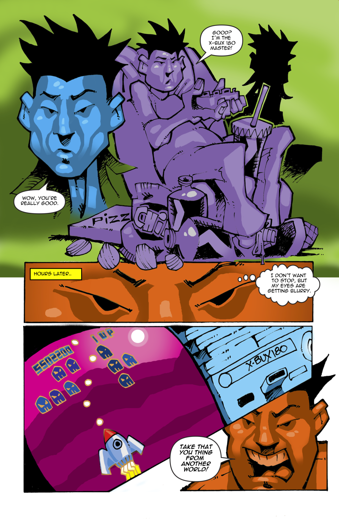Page 9. They continue to sit on the couch playing video games. Brandon starts to get sleepy.