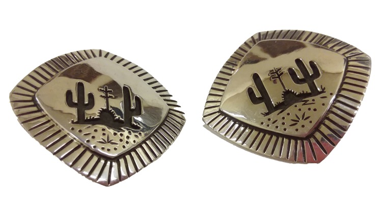 Silver earrings with saguaro and ocotillo motif