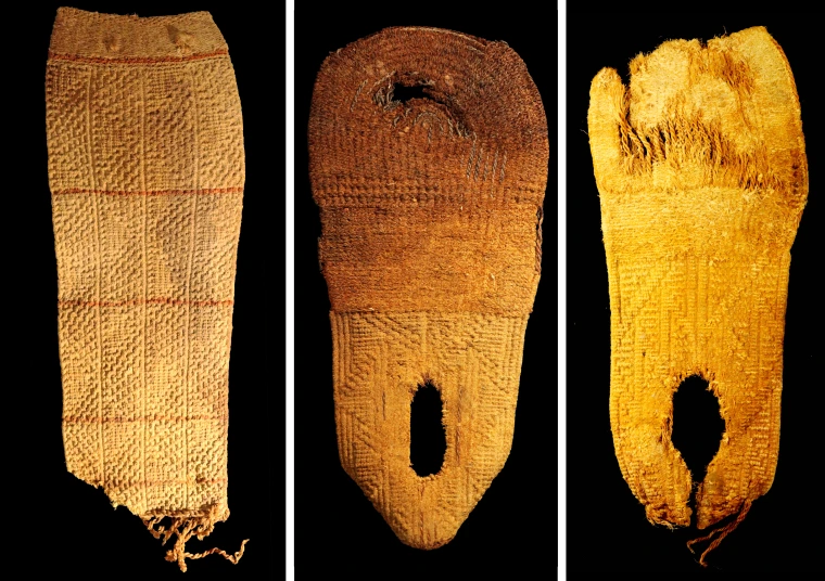 Three sandals in a row. Left: The sandal has thin red horizontal stripes. It has a scalloped toe and heel shape. Raised bumps create diamond shapes on the tread. Center: The sandal has round toe shape and a puckered heel shape. Three zones of texture are visible on the bottom of the sandal with the most intricate section under the heel. Right: The sandal has a scalloped toe shape and a puckered heel shape. Raised bumps create a tread design with zig-zagging and diagonal lines.