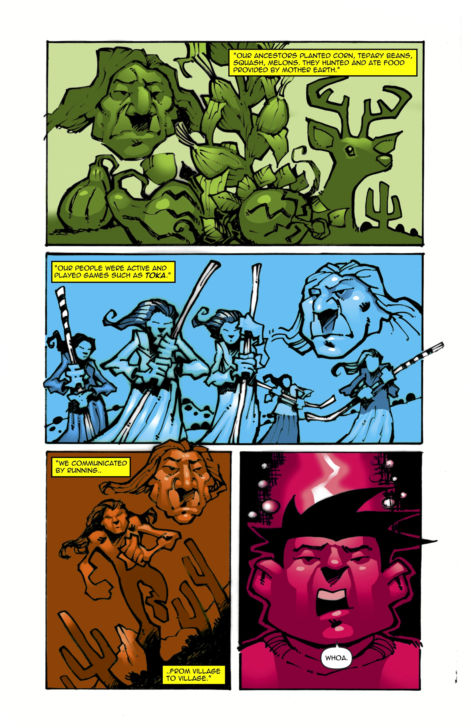 Page 15. The elder tells Brandon their people used to grow and eat health foods such as corn, beans, squash, and melons. That the used to stay active playing games like toka. And that they used to communicate between villages by running.