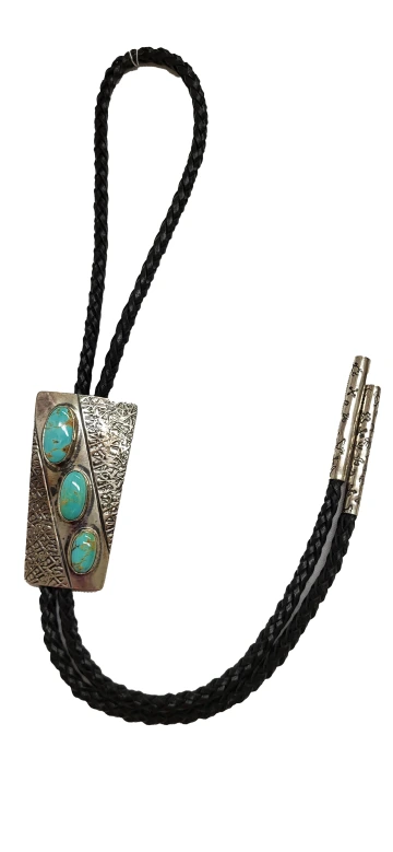 silver bola tie with three turquoise stones