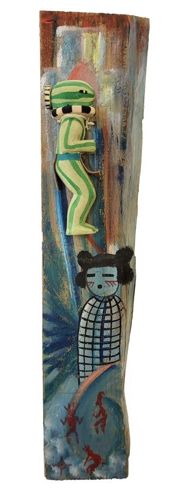 Hopi katsina painting with watermelon katsina applique