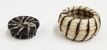 miniature basket with lid made out of black and white horsehair