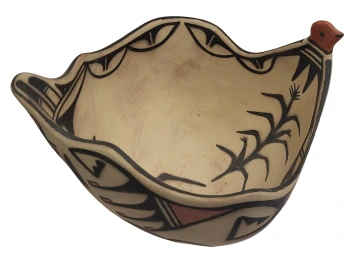 Santo Domingo bowl with scallopped rim and red and black bird and corn painted design