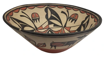 Santo Domingo bowl with red and black painted decoration over buff colored clay